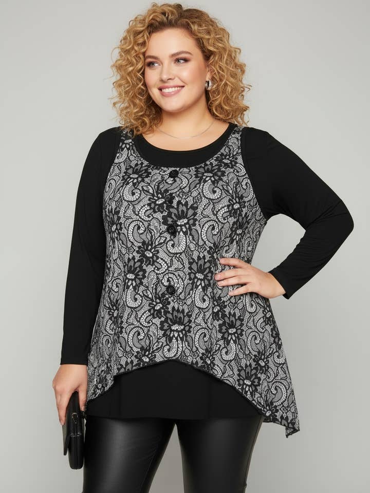 White printed top + plus size turtleneck (A257) for wholesale by Pomme Rouge Paris