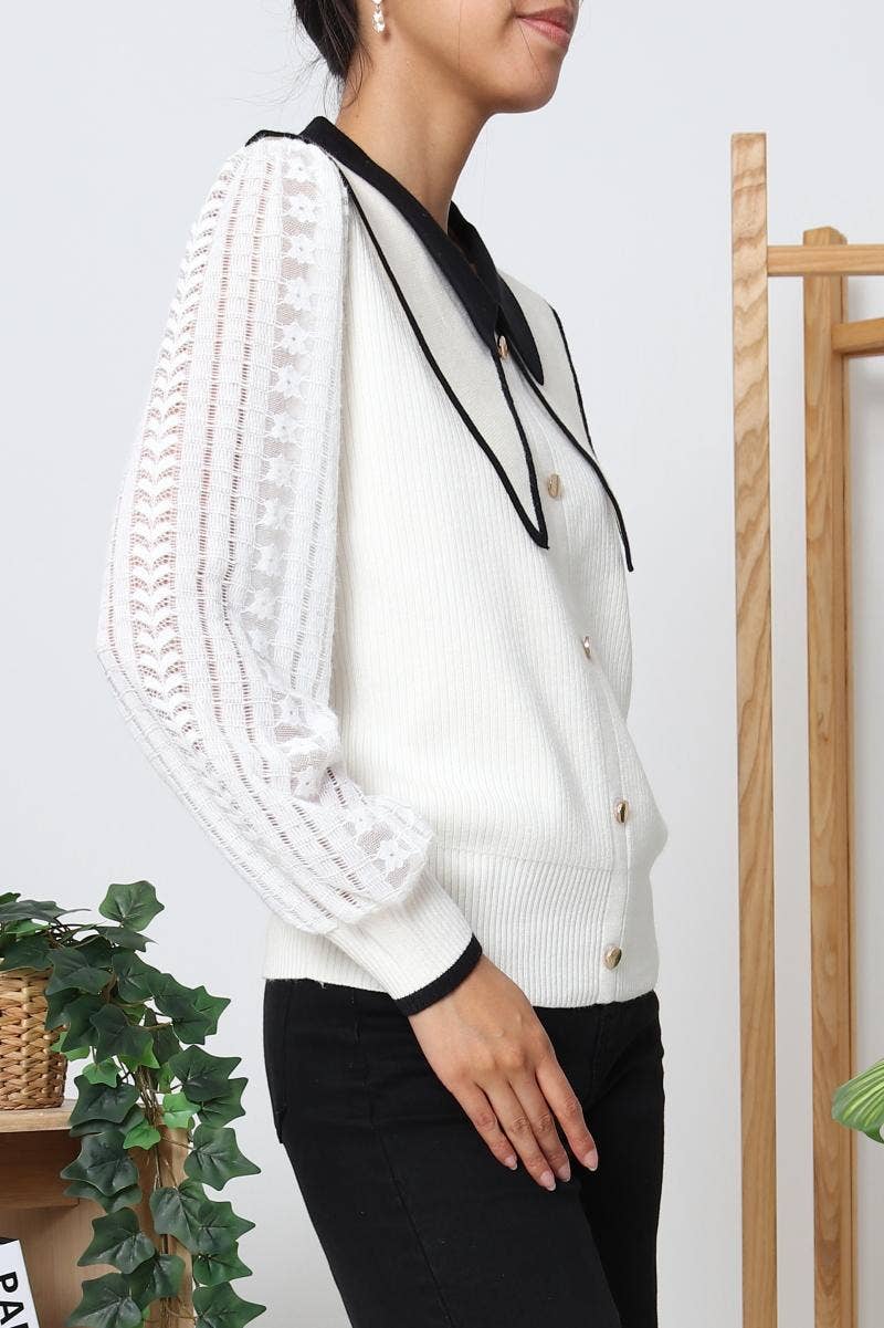 DIX-ONZE - Vendita all'ingrosso Cardigan - Donna - Cardigan con Colletto Claudine a Contrasto e Maniche in Pizzo5