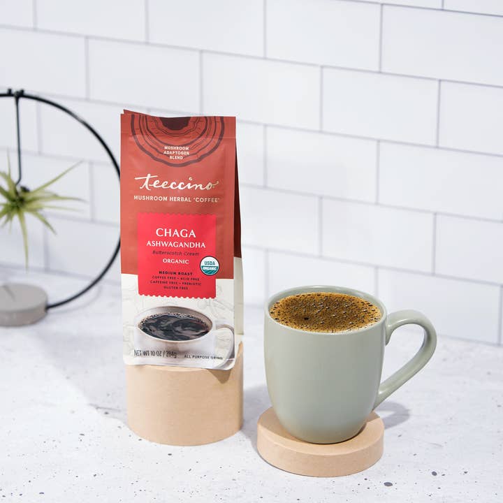 Teeccino - Venta al por mayor Café molido - Chaga Ashwagandha, crema de caramelo, champiñones y café a base de hierbas