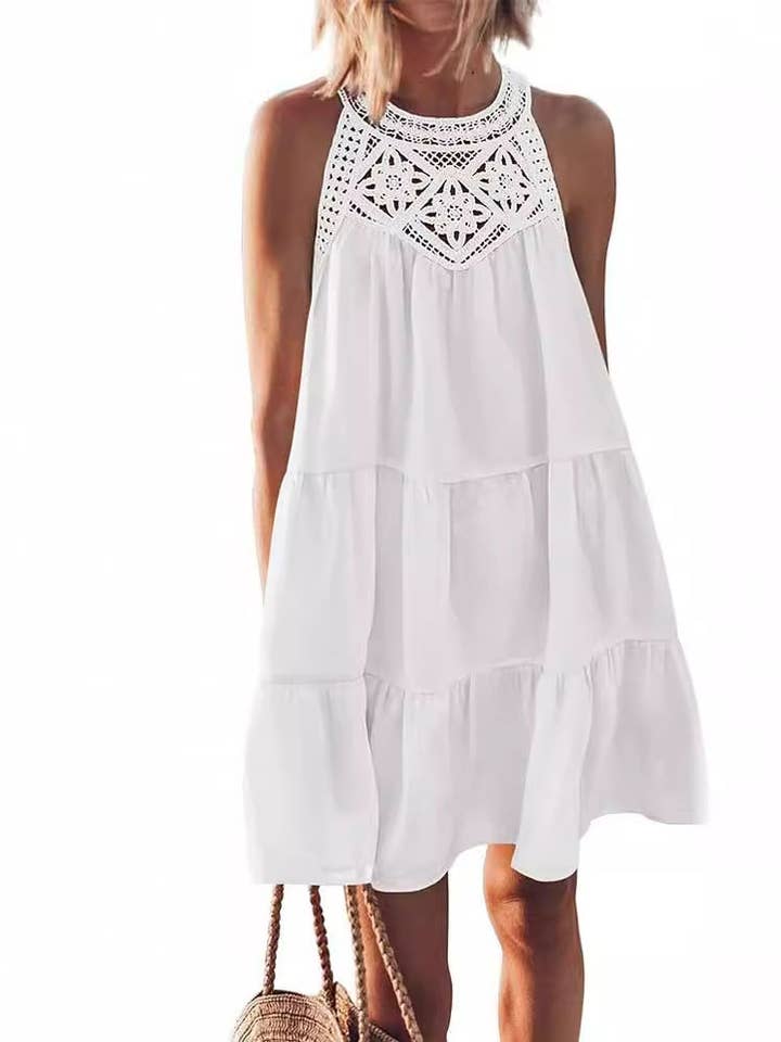 Halter Neck Lace Trim Tiered A Line Summer Dress for wholesale by Lovesoft