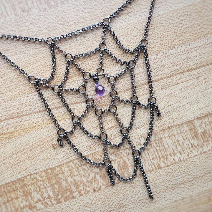gunmetal chain spiderweb - Halloween necklace for wholesale by heysomeday handmade jewelry