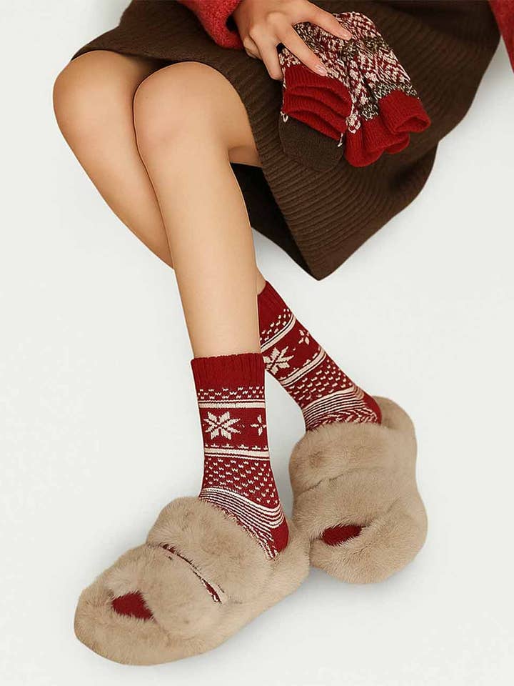 Sweetkama - Vente Chaussettes – femme - Chaussettes mi-mollet en tricot Fair Isle chaudes d'hiver de Noël pour femmes3