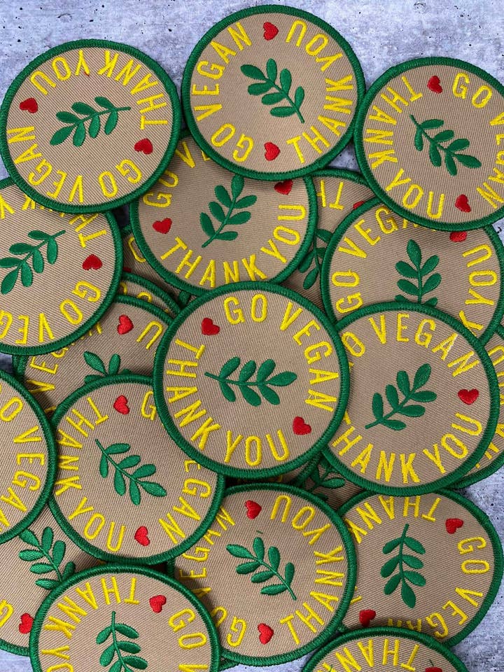 "Go Vegan, Thank you", Iron-on Patch, Size 2.25" for wholesale by Patch Party Club