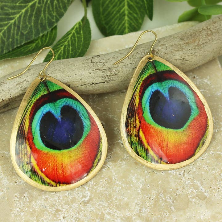 ZAD - Wholesale Dangle Earrings - Strut Your Stuff Peacock Feather Print Teardrop Earrings