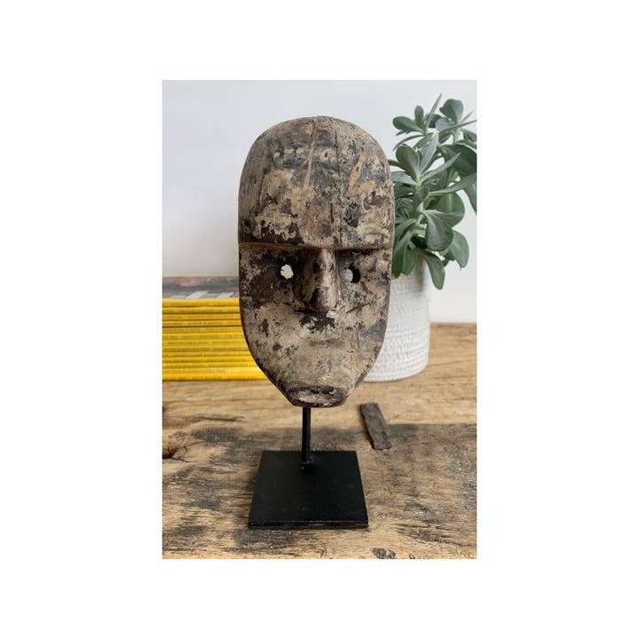Paloma Black (Casa Natura Design, S.L.) - Wholesale Decorative Tabletop Object - Small Wooden Hand Carved Mask On Stand With Metal Base1