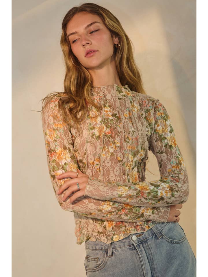 Taupe Multi Floral Printed Lace Mock Neck Top for wholesale on Faire1