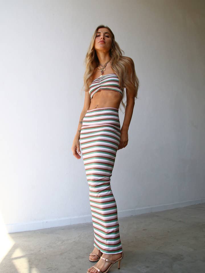 JUPE COLONNE AVEC CEINTURE RAYÉE MULTICOLORE pour la vente par Moqette