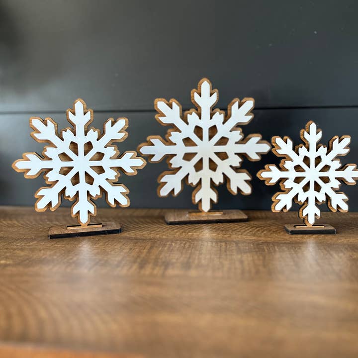 Set of 3 Wooden Snowflakes shelf decor for wholesale by Etched Laser