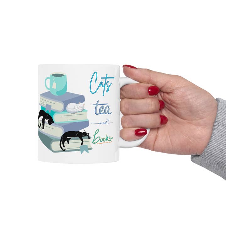 Halli Starling Books - Wholesale Coffee Mug - Cats, Tea, and Books Ceramic Mug, (11oz)3