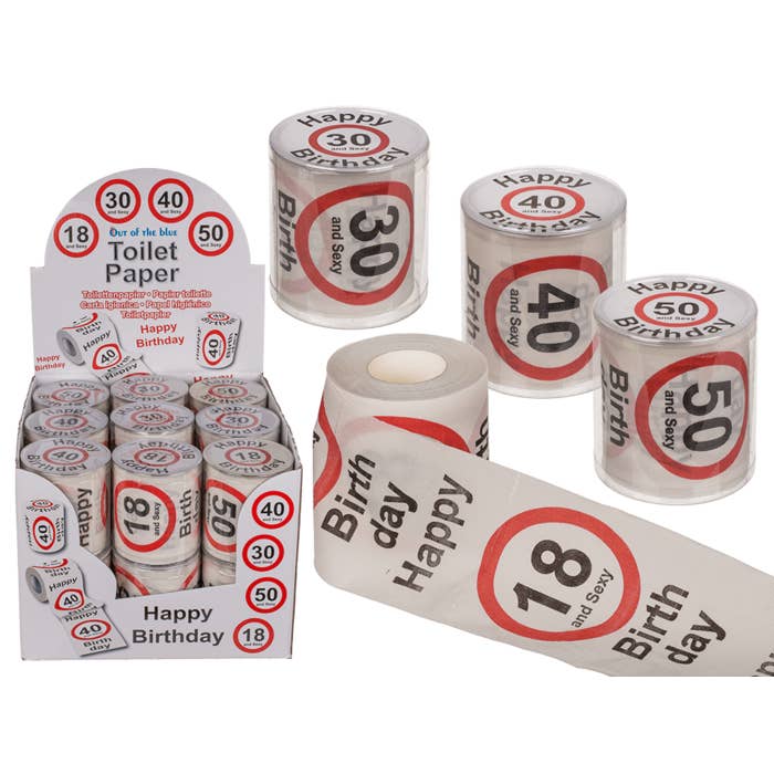 Out of the blue KG – wholesale Toalettpapper – Toalettpapper med text Happy Birthday för 18, 30, 40 & 50 år, 4 olika, 18 st./förpackning