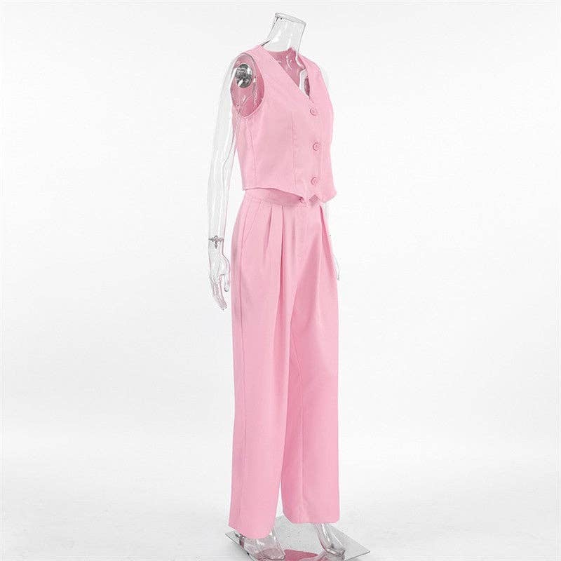 Sheer Trend - Wholesale Set met top en broek (GEEN Loungewear) - Dames - Effen Kleur Mouwloos Vest Wijde Broek Set9