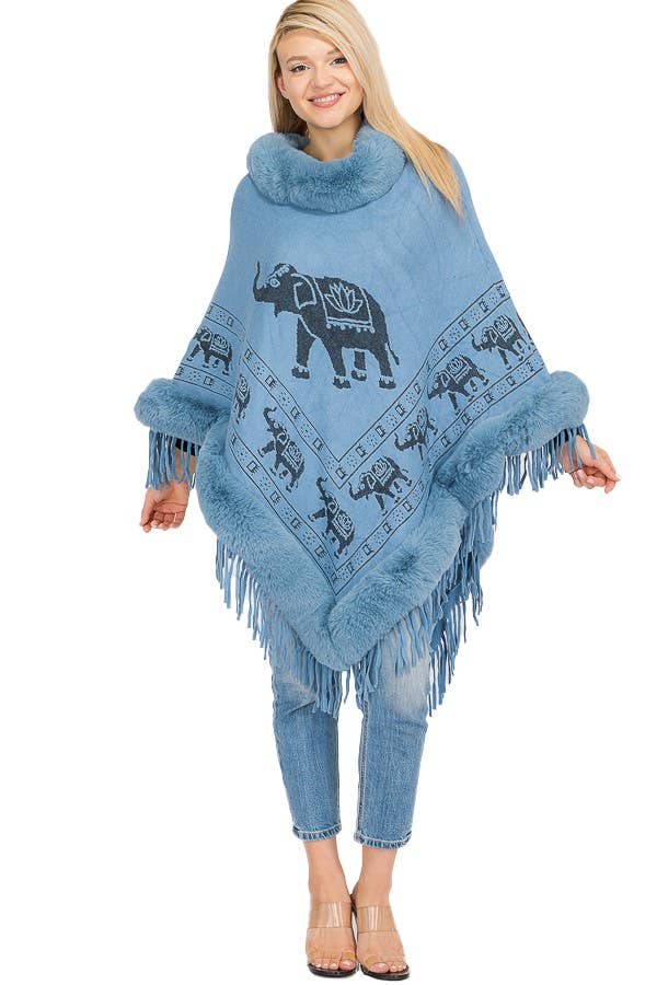 Cap Zone - Wholesale Poncho - Women's - Lucky Elephant Printed Fur Neckline Soft Cozy Poncho15