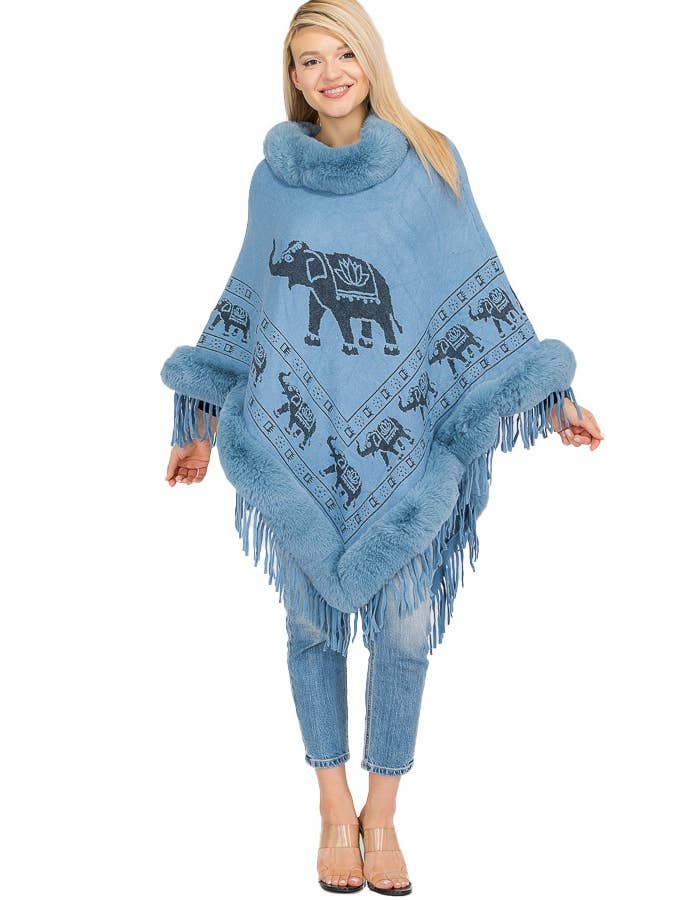 Cap Zone - Wholesale Poncho - Women's - Lucky Elephant Printed Fur Neckline Soft Cozy Poncho15