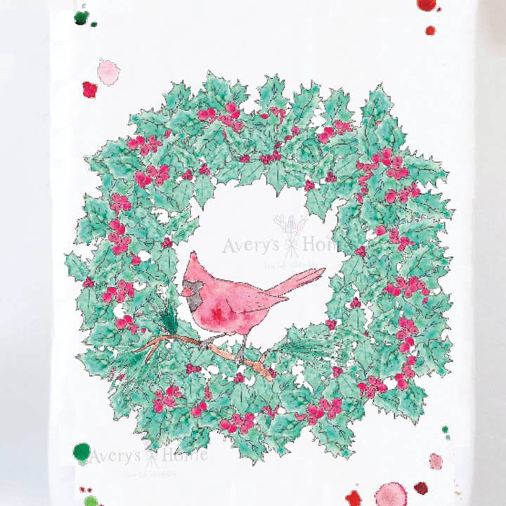Cardinal Christmas Wreath Holiday Customizable Tea Towel for wholesale by Avery's Home