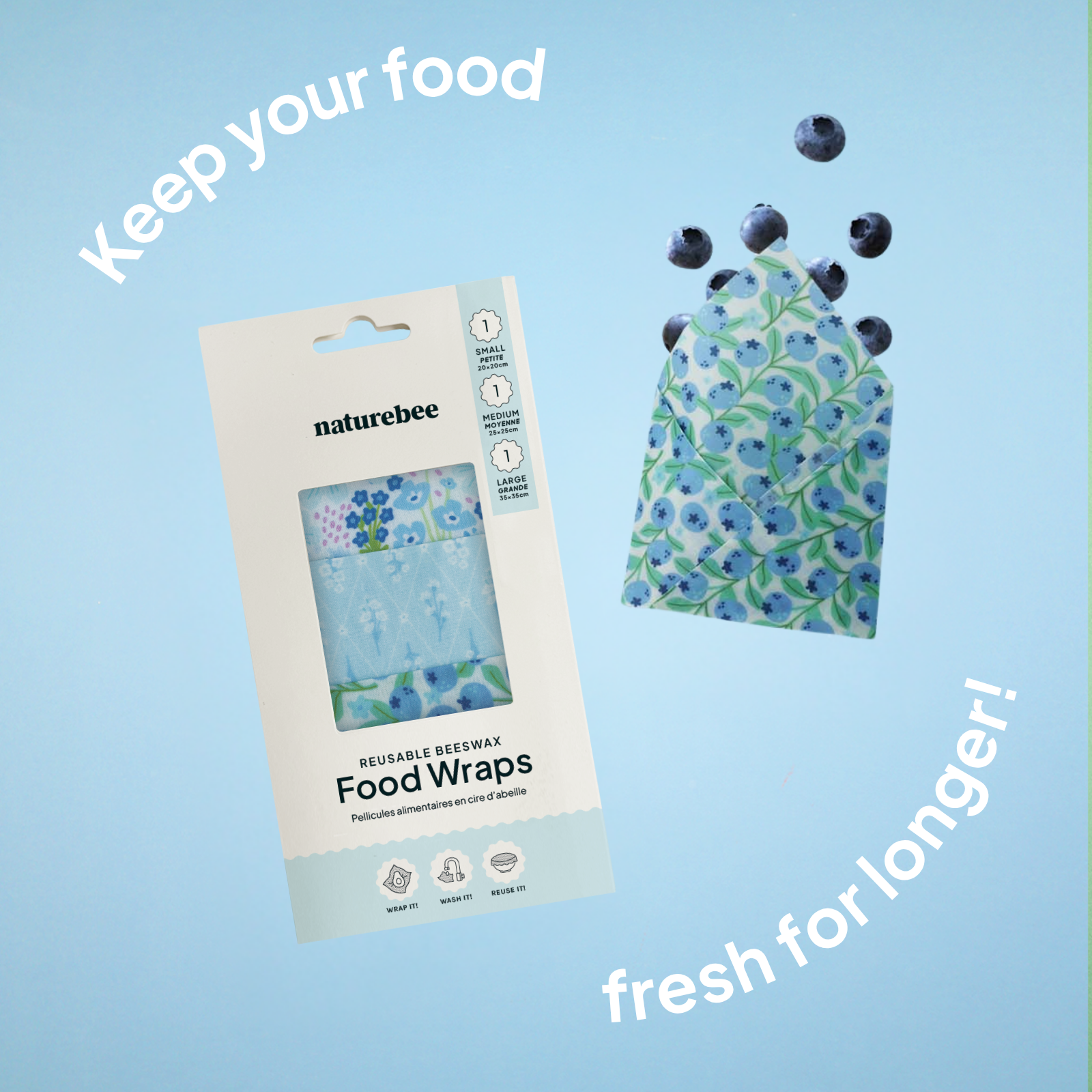 NATURE BEE – Großhandel Verpackung/Beutel zur Aufbewahrung von Lebensmitteln – Sortiment Bienenwachstücher in Blau2