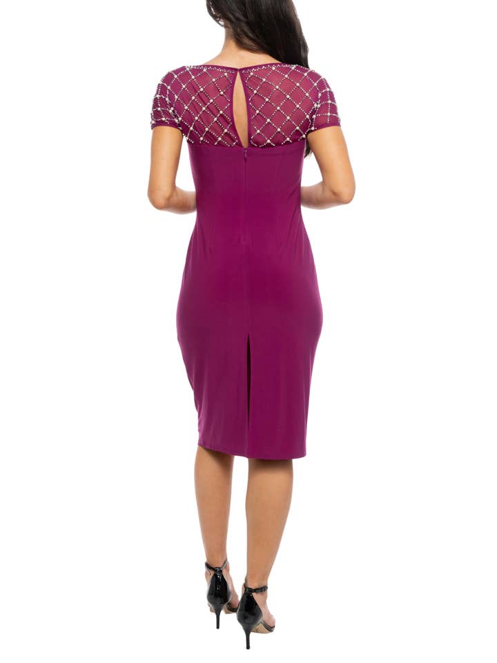 FUCHSIA Marina Beaded Round Neckline Short Sleeves Midi Sheath Silhouette Dress for wholesale on Faire
