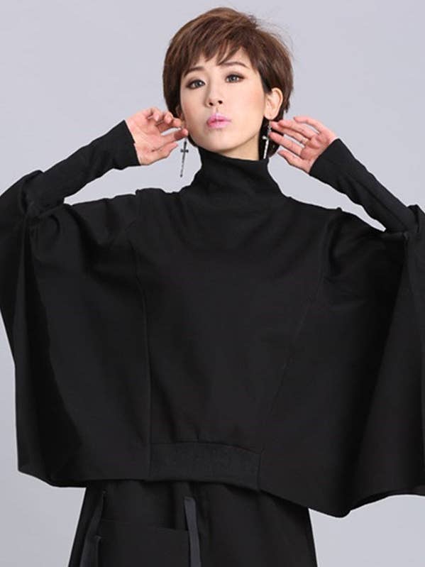 BLACK Solid Color Asymmetric High-Neck Loose Batwing Sleeve Sweatshirt for wholesale on Faire