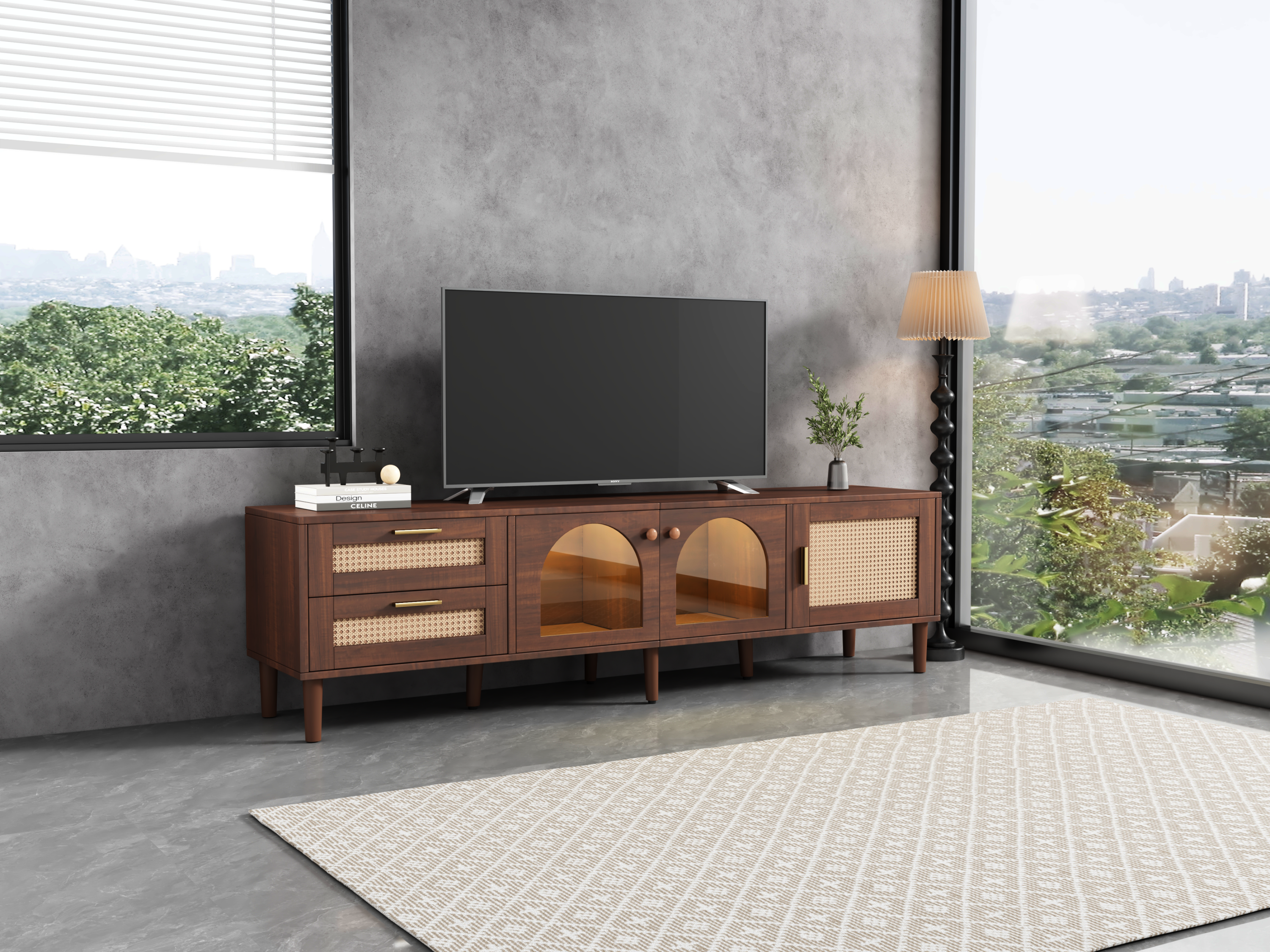 HOMYCASA DESIGN INC - Wholesale Console Table - Rattan TV Stand with LED Lights 3 Cabinets for 80" TVs19
