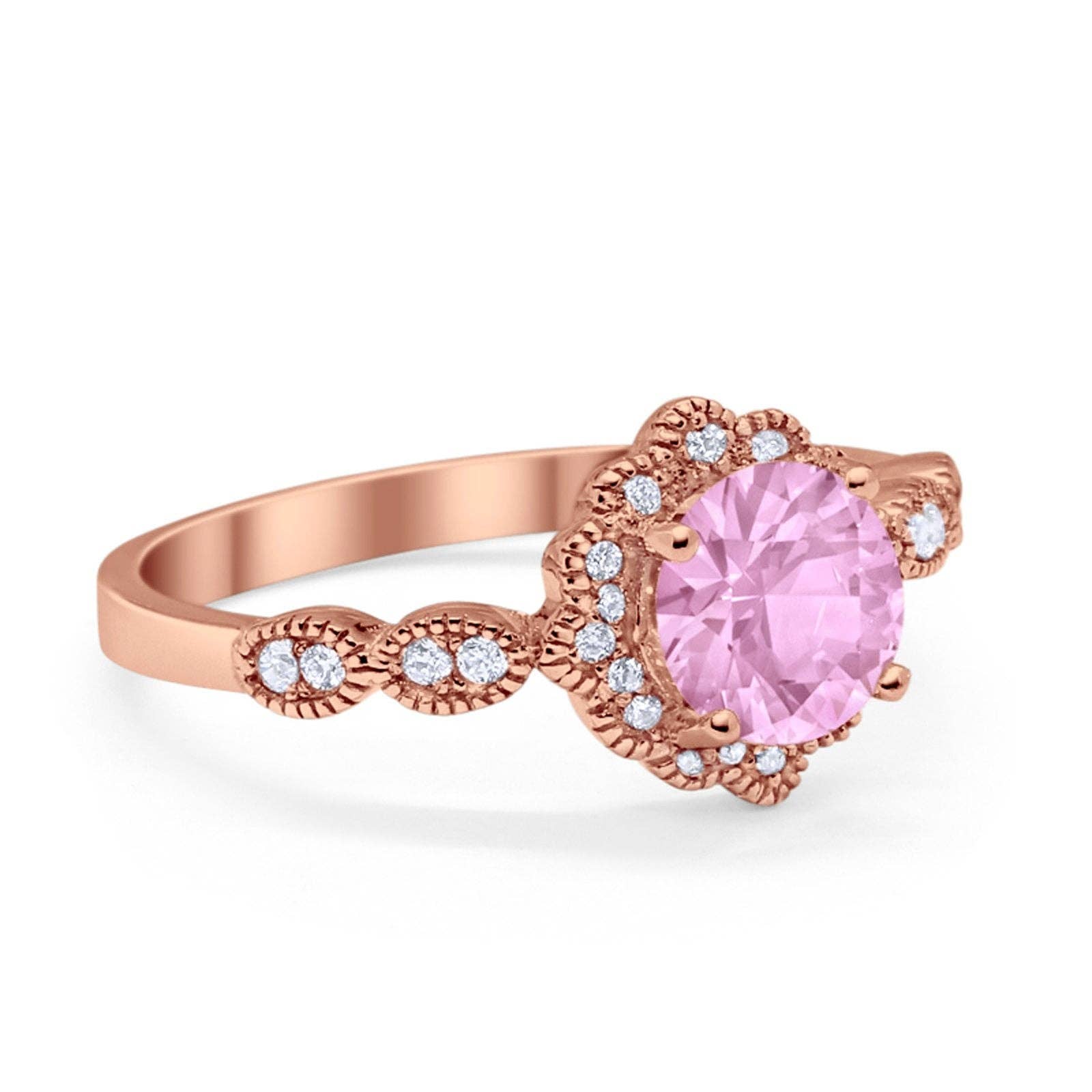 Halo Floral Art Deco Wedding Ring Rose Tone, Simulated Pink Morganite CZ for wholesale on Faire1