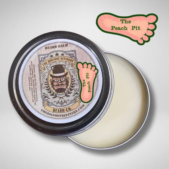 The Peach Pit Beard Balm- 2oz tin for wholesale by The Bigfoot Refinery Beard Co.