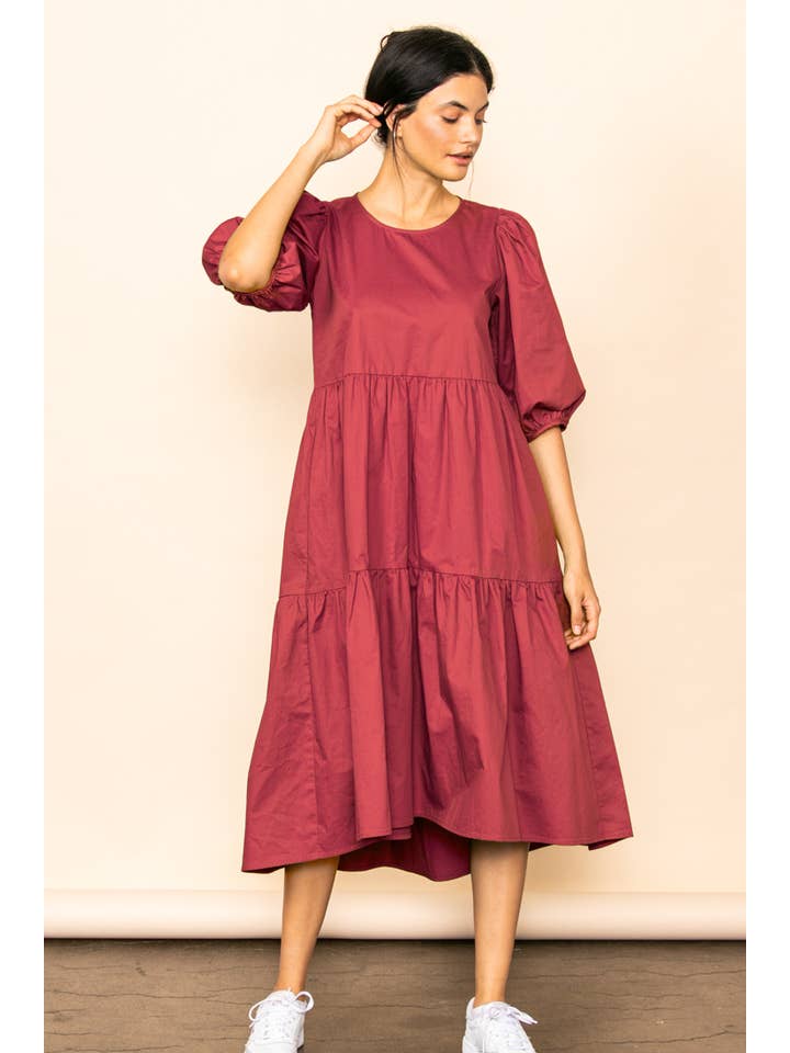 Elloh Collection - Wholesale Dress - Women's - SALE! Poplin Puff Sleeve Tiered Midi Dress with Pockets