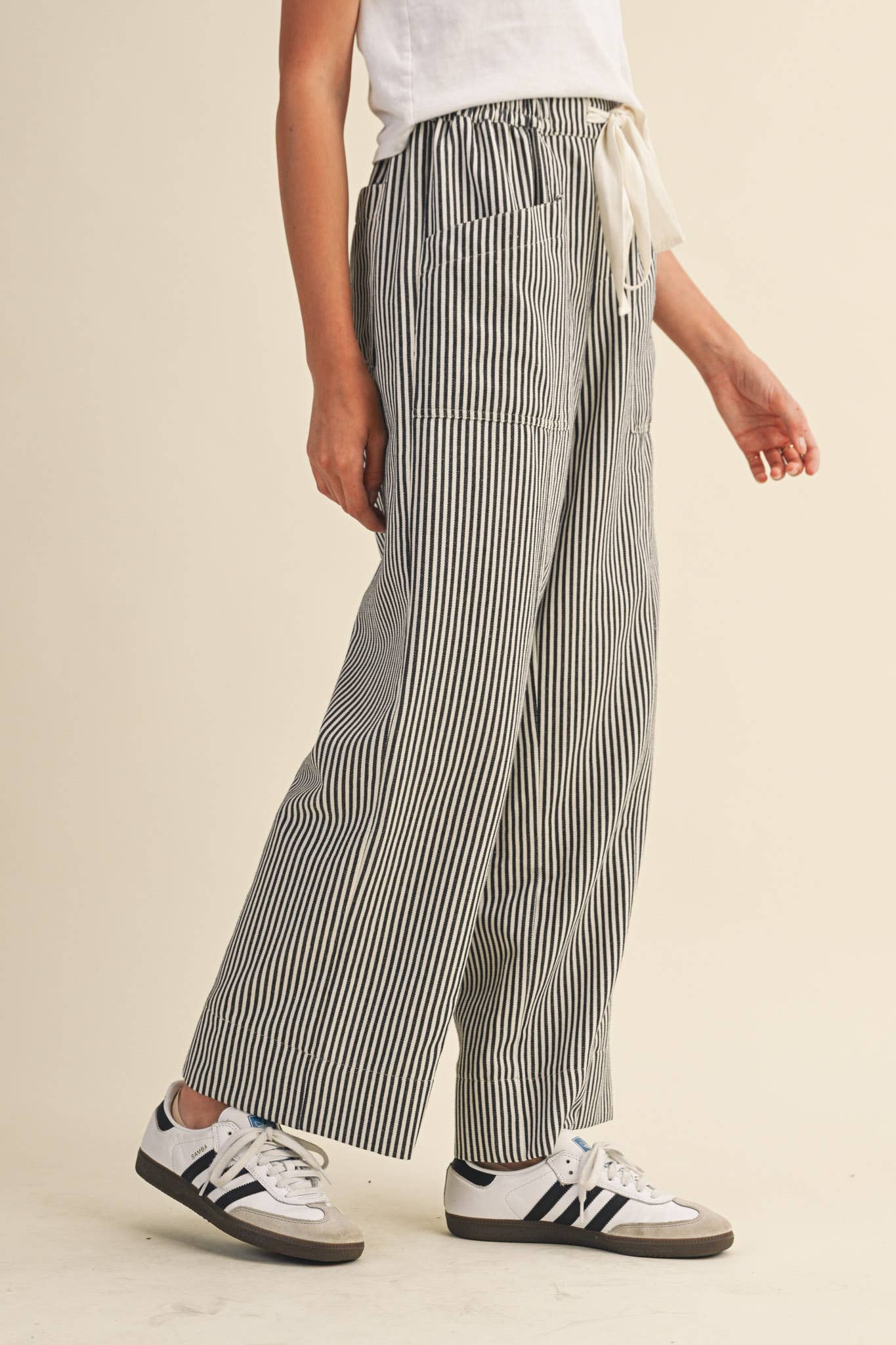 Black Offwht Stripe STRIPED WIDE LEG PANTS MP4461 for wholesale on Faire2