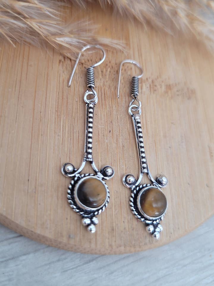 Tiger Eye Silver Drop Earrings Unique Dainty Design for wholesale by Laboheme