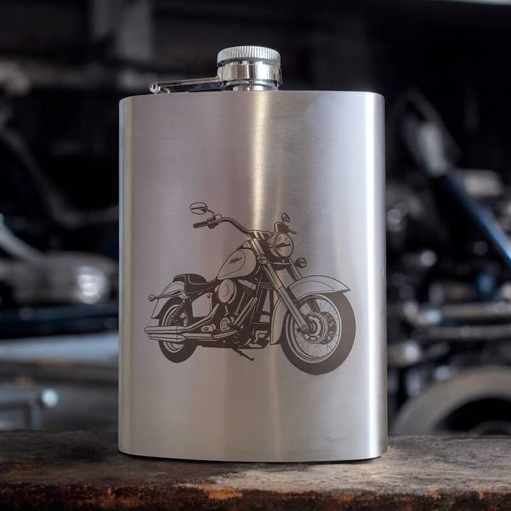 Motorcycle Engraved Stainless Steel 8 oz. Hip Pocket Flask for wholesale by Megical Basket