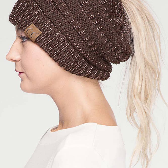 Hana - Wholesale Beanie - Women's - C.C Metallic Messy Bun Ponytail Beanie
