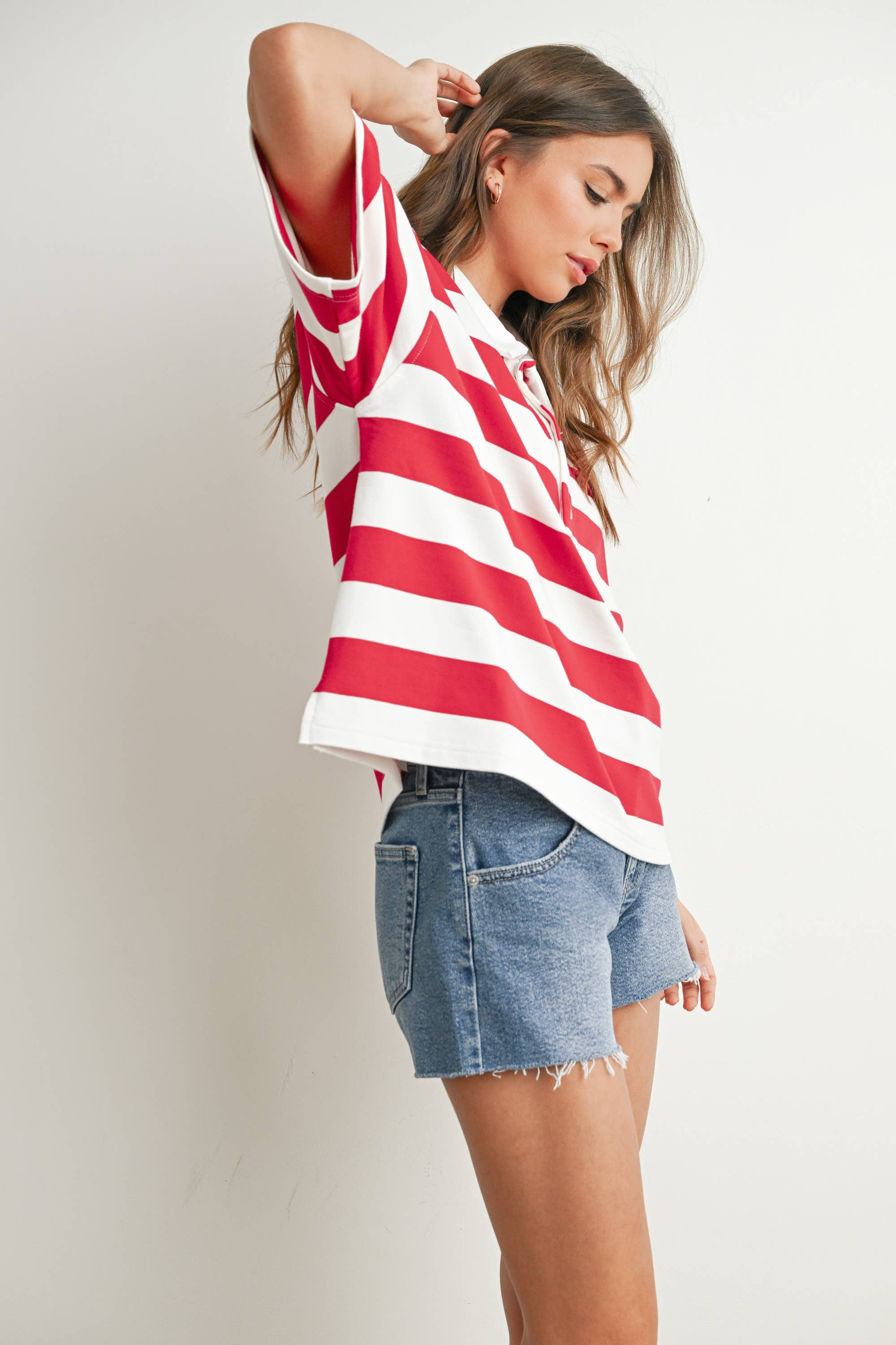 BUTTERMELON - Wholesale Polo - Women's - Striped Oversized Polo Shirt - BMT77108