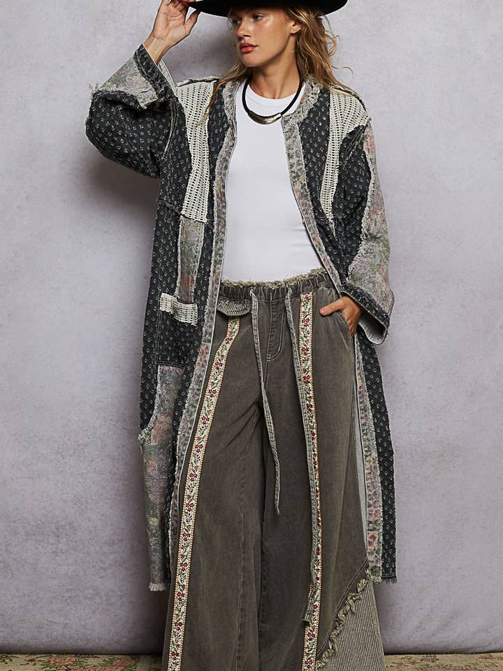 Long sleeve crochet contrast denim maxi length open cardigan for wholesale by Pol Clothing