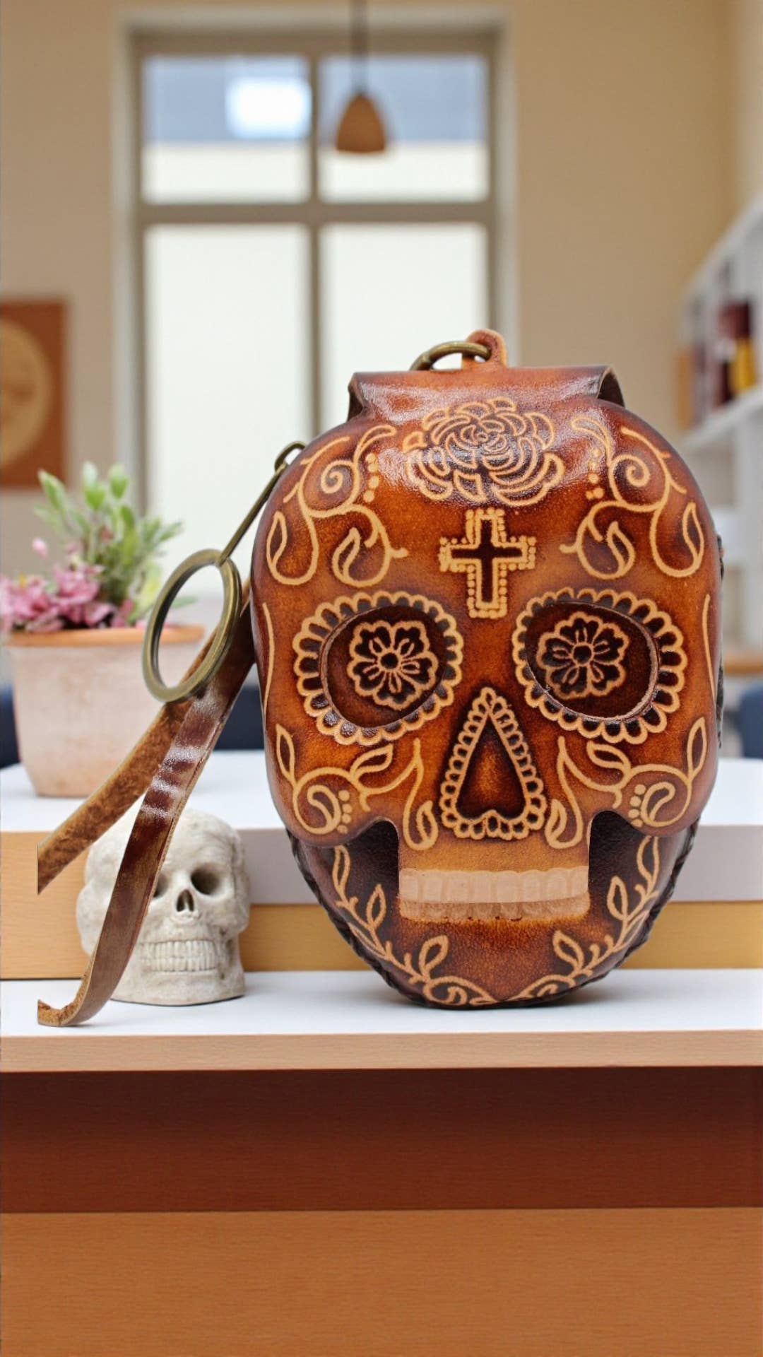 Sunflower Handmade leather inc - Wholesale Portemonnee - Dames - Cp3527 leren portemonnee met schedel en polsbandje – dag van de doden design2