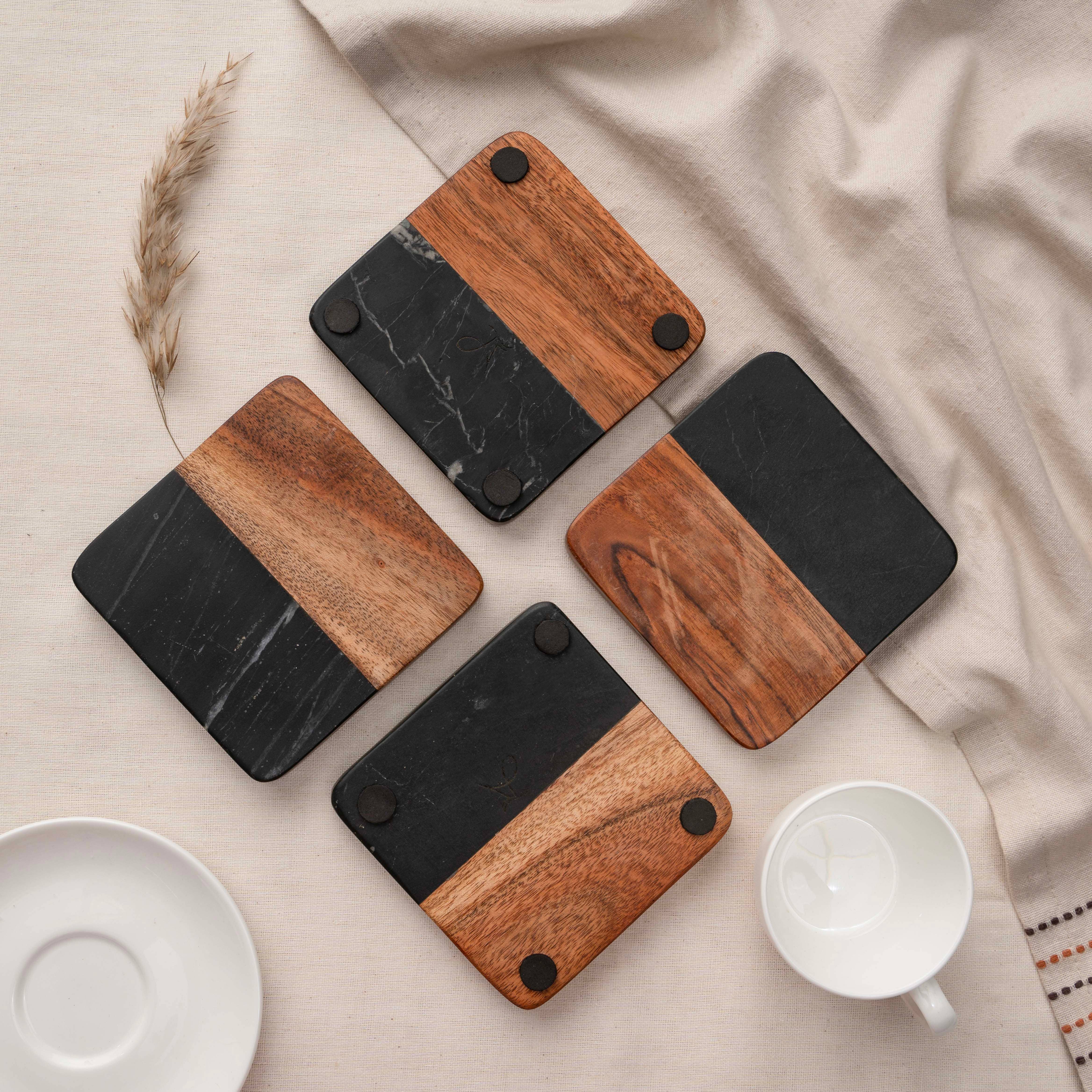 LuxeDesigns Co LLC - Wholesale Coasters - Artisan Marble and Wood Square Coaster Set of 4 - Black13