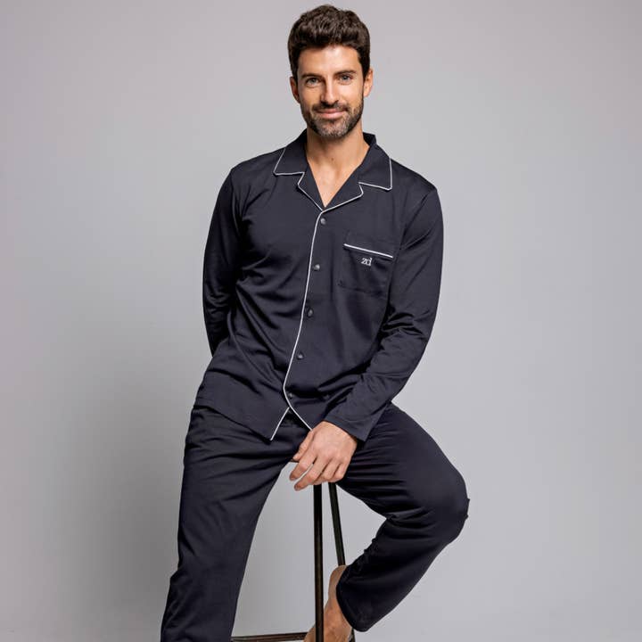 ZD Zero Defects - Wholesale Pyjamaset - Heren - Marineblauw winters pyjamapak van 100% gemerceriseerd katoen