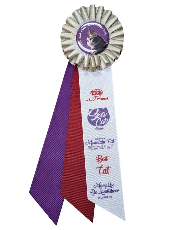 Custom Bespoke Luxury Rosette (small) - Center Streamer Printed in Full Color for wholesale by FatPet Awards and Rosettes
