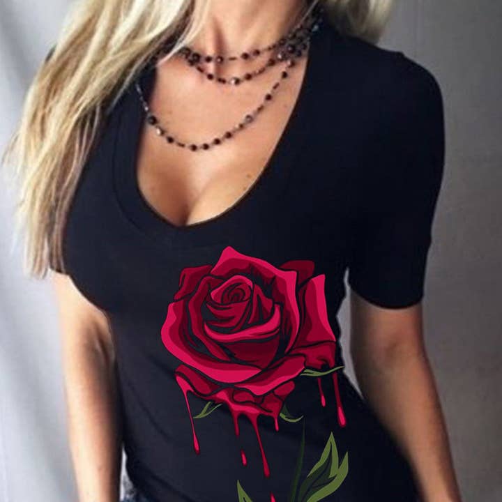 Punk Style Rose Sexy V-Neck Short Sleeve T-Shirt for wholesale by Tourtiwi