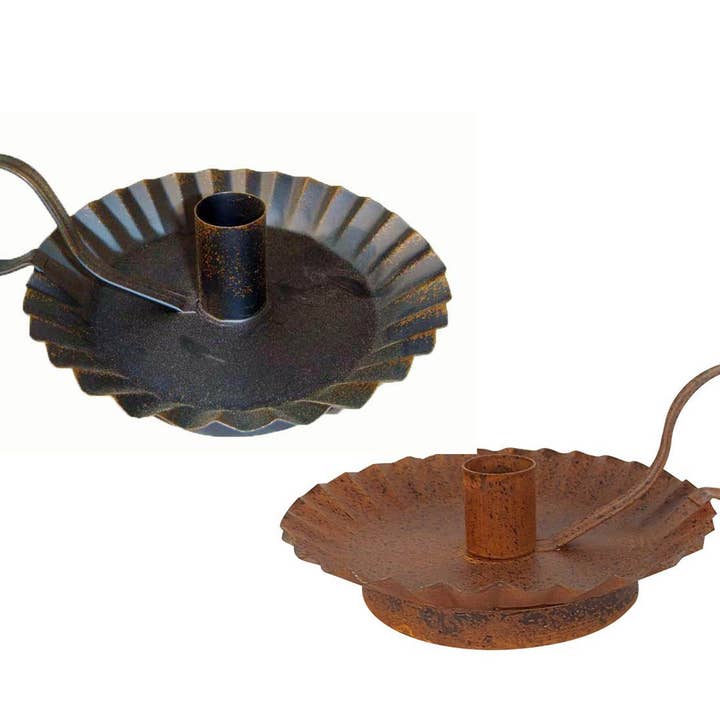 Tin Candle Holder with Ruffeled Rim and Handle - 7.25" Tall for wholesale by Birch Maison