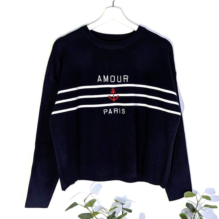Tempest Designs - Wholesale Sweatshirt - Women's - Luxe French style nautical jumper with 'AMOUR PARIS' anchor embroidery