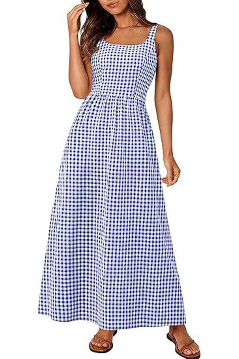 NINEXIS - Wholesale Dress - Women's - CWDHL1084_SPAGHETTI STRAP SQUARE NECK PLAID SHIRRED DRESS4