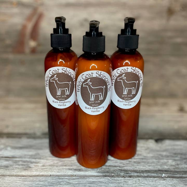 Black Raspberry Vanilla goat milk lotion for wholesale by White Goat Skincare LLC