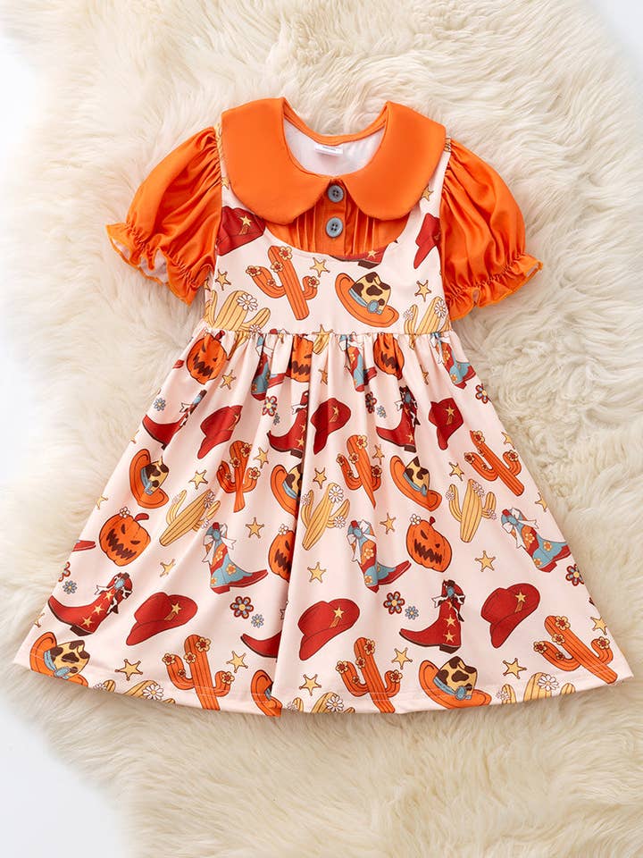 Kids Charm Online - Wholesale Dress - Kids - Halloween pumpkin printed wester dress. DRG54388 JEAN
