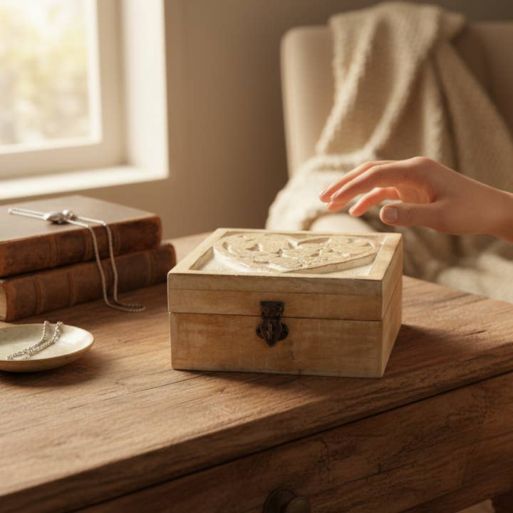 Wilco Home - Wholesale Jewelry Box/Organizer - Floral Heart Design Hand-Carved Wood Hinged Jewelry Box4