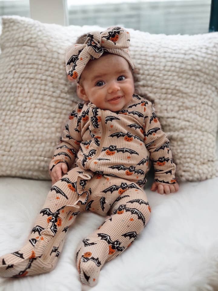 Organic Waffle Ruffle Zip Footie, Tan Trick or Treating Bat for wholesale by SpearmintLOVE