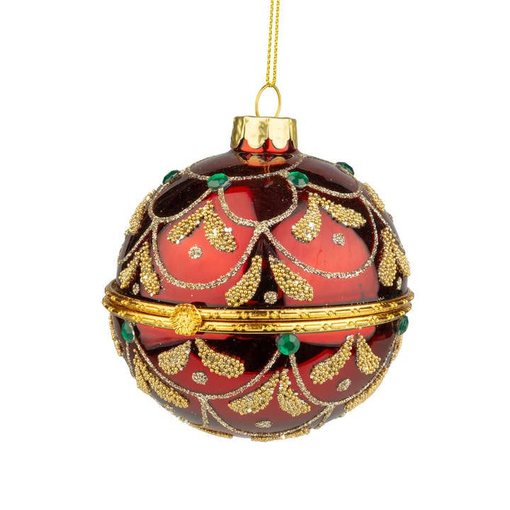 A14371: Gls trinket hldr ball,burg,glit swags,grn jewels,3in for wholesale by Silver Tree Home & Holiday