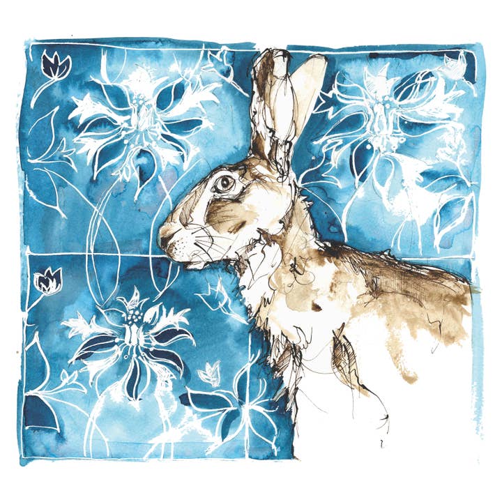 CreativeWithLine - Wholesale Everyday Greeting Card - Hare with Bluebell tile background. Blank Card