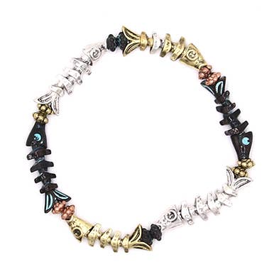 FR6990 Silver Burnished_Patina Fish Bone Stretch Bracelet for wholesale by 0011 PREMIERE