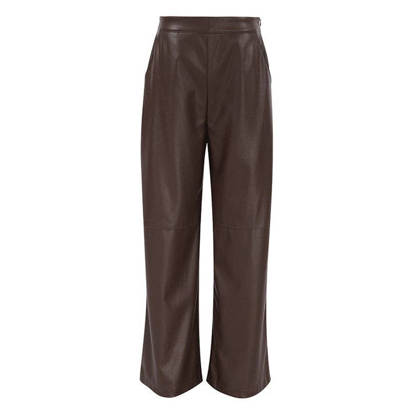 Brown High Waisted Solid Color Straight Leg Faux Leather Pants for wholesale on Faire0