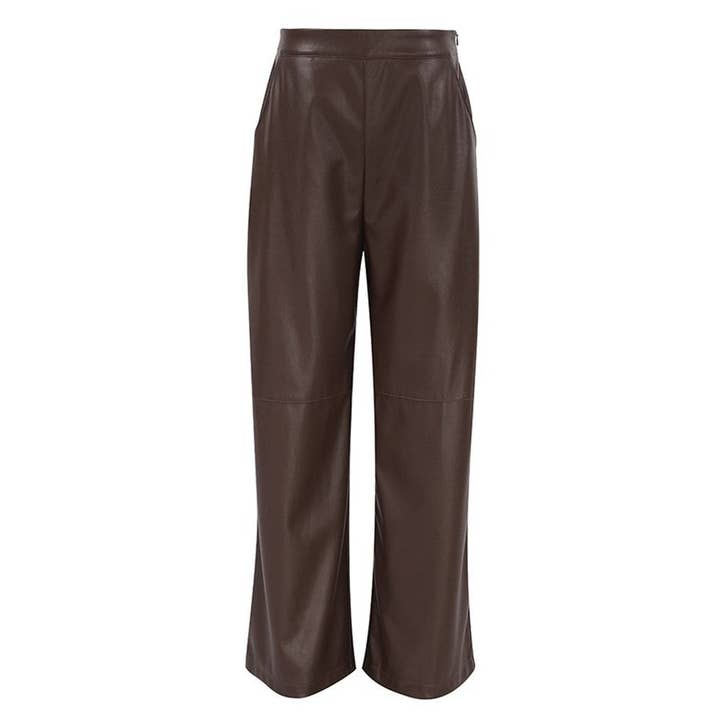 Brown High Waisted Solid Color Straight Leg Faux Leather Pants for wholesale on Faire