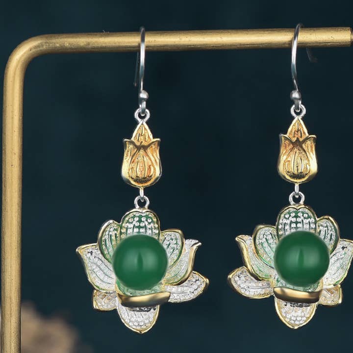 Bright MacMing - Wholesale Dangle Earrings - Silver and Jade Lotus Earrings