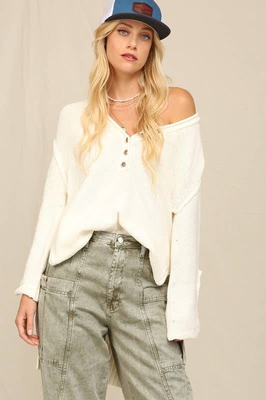 Off White Henley Styke Button Down Front Sweater for wholesale on Faire2
